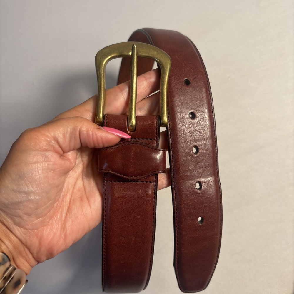 Vintage Lands End Brown Leather Belt Woman Size 28 Solid Brass Buckle USA